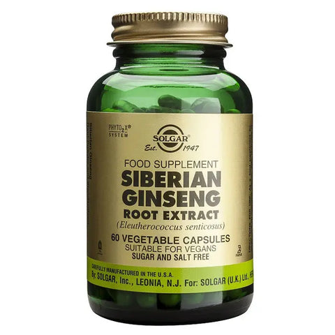Solgar Siberian Ginseng Root 60 capsules bottle, natural supplement with herbal extract for energy and vitality.
