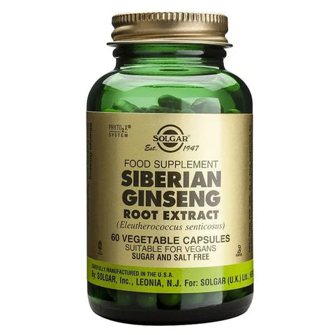 Solgar Siberian Ginseng Root capsules in a bottle, dietary supplement for energy and vitality, branded by Jag Couture London New York