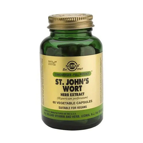 Bottle of Solgar St. John's Wort Herb Extract capsules with label showing 60 capsules from Jag Couture London New York.