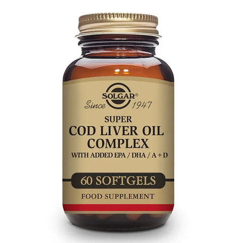 Solgar Super Cod Liver Oil Complex softgels in a bottle, dietary supplement with omega-3 for health and wellness.