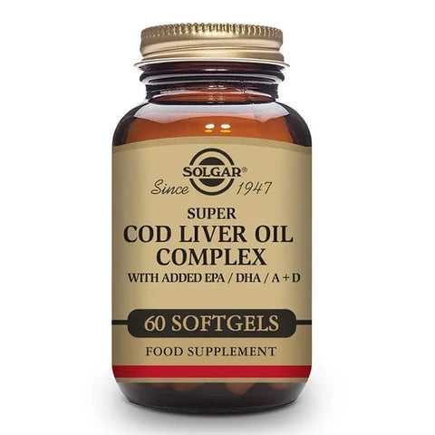 Solgar Super Cod Liver Oil Complex softgels in a bottle, dietary supplement for omega-3 and vitamins, branded by Jag Couture London New York.