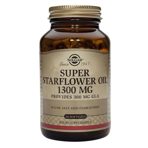 Solgar Super Starflower Oil 1300mg softgels in a bottle, natural supplement for skin and hormonal health.