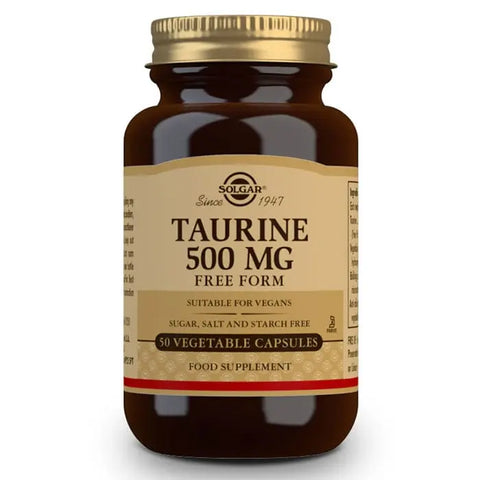 Solgar Taurine 500mg capsules in a bottle, supplement by Jag Couture London New York, healthy amino acid supplement.