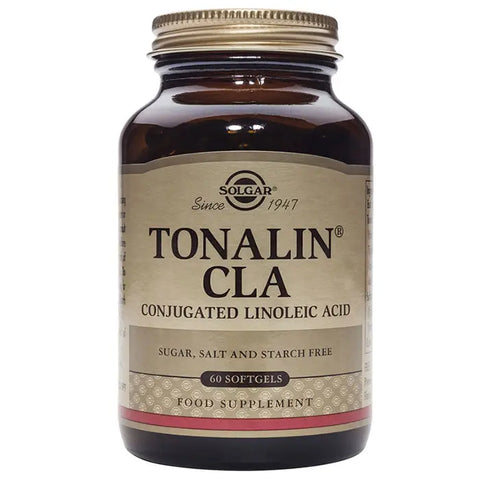 Solgar Tonalin CLA 60 softgels supplement bottle with label, displayed on a plain background.