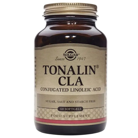 Solgar Tonalin CLA 60 softgels in a bottle, dietary supplement with softgel capsules for weight management and fat metabolism.