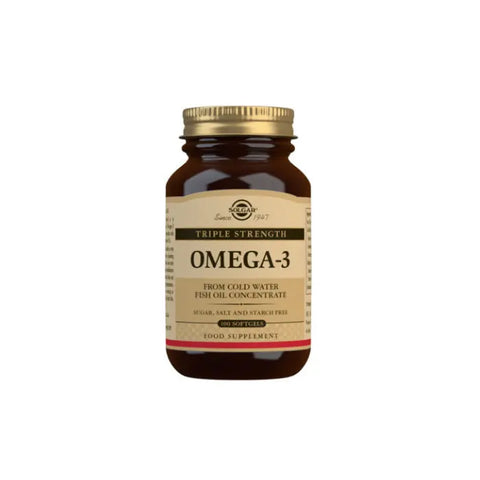 Solgar Triple Strength Omega-3 softgels in a pack of 100, dietary supplement, with clear softgel capsules on a white background.