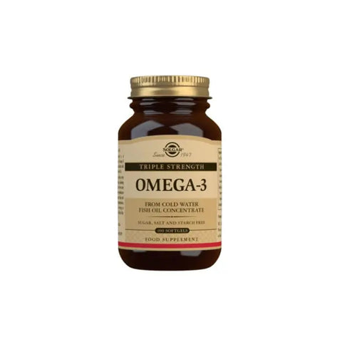 Solgar Triple Strength Omega-3 Softgels in a bottle of 100 capsules, with a label showing the Jag Couture London New York branding.