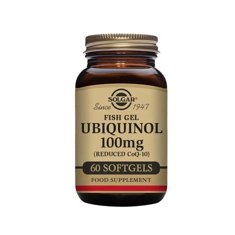 Solgar Ubiquinol 100mg softgels, dietary supplement, with a bottle of 60 softgel capsules on a white background.