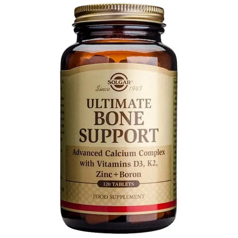 Solgar Ultimate Bone Support supplement in 120 tablets, with bottle and label showing dietary supplement for bone health.