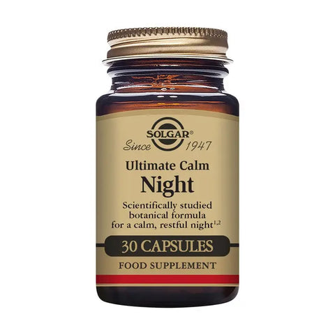 Solgar Ultimate Calm Night 30 capsules supplement bottle with label, featuring natural ingredients for relaxation.