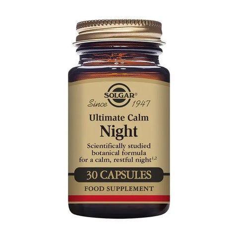 Solgar Ultimate Calm Night capsules in a bottle, displayed with label featuring Jag Couture London New York branding.