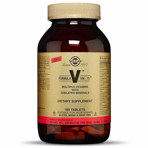 Solgar VM-75 multivitamin tablets in a bottle, dietary supplement by Jag Couture London New York, 180 tablets visible