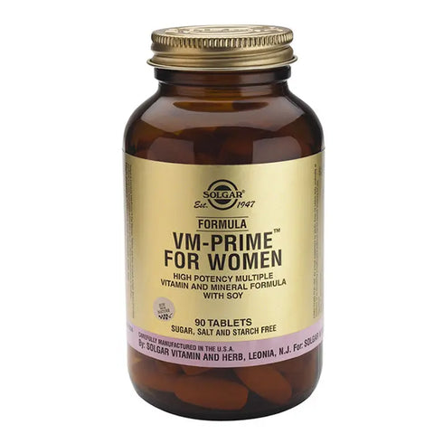 Solgar VM-Prime for Women multivitamin bottle with 90 tablets, featuring colorful label and branding from Jag Couture London New York