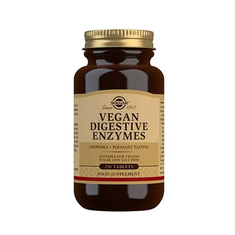 Solgar Vegan Digestive Enzymes bottle with 250 tablets, displayed with packaging and label details
