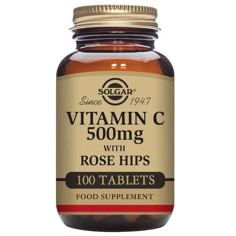 Solgar Vitamin C with Rose Hips 500mg tablets, dietary supplement, in a bottle with 100 tablets, by Jag Couture London New York