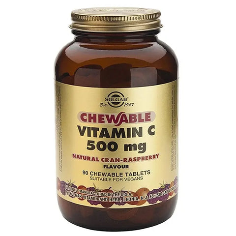 Solgar Vitamin C Cran-Raspberry flavor 500mg tablets, 90 count, natural supplement, shown in clear bottle with label