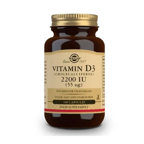 Solgar Vitamin D3 2200 IU capsules in a bottle, designed for supplementing vitamin D intake.
