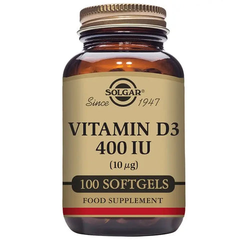Solgar Vitamin D3 400 IU capsules in a bottle, with branding from Jag Couture London - New York, shown in the product image
