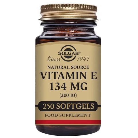 Solgar Vitamin E 134mg 200 IU softgels in a bottle, supplement for skin and antioxidant support, with branded label visible.