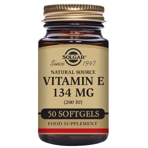 Solgar Vitamin E 134mg 200 IU softgels in a bottle, featuring 50 softgel capsules for antioxidant support.