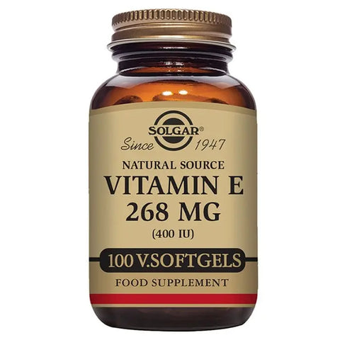 Solgar Vitamin E 400 IU softgels, dietary supplement in a clear bottle with white cap, labeled with green and orange accents.