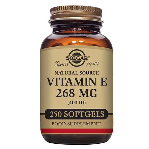 Solgar Vitamin E 400 IU softgels in a bottle, supplement with 250 softgel capsules, displayed on a neutral background