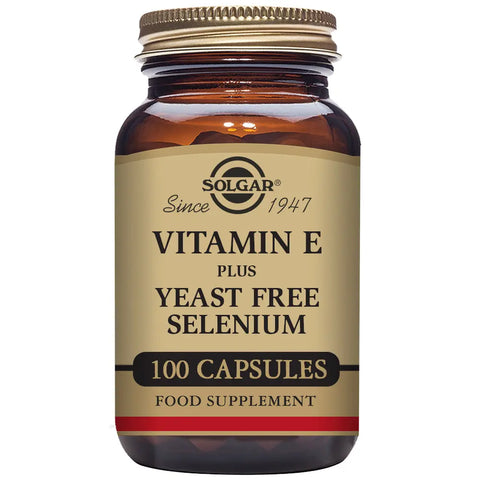 Solgar Vitamin E with Selenium 100 capsules bottle from Jag Couture London New York on a clean white background