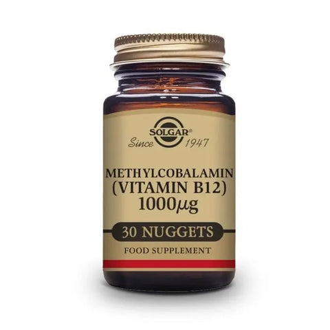 Solgar Vitamin B12 1000 μg capsules in a bottle, displayed with the label, from Jag Couture London New York.