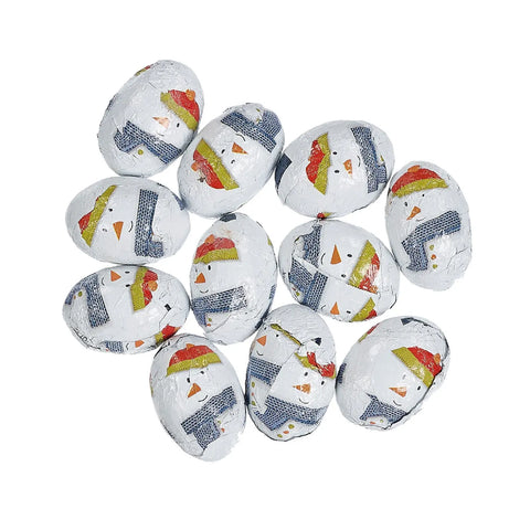 Solid milk chocolate balls in snowman-shaped foil wrapping by Jag Couture London New York, festive holiday confection.
