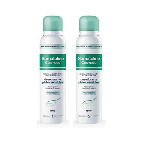 Somatoline Cosmetic Sensitive Skin Deodorant Spray pack with two 150ml bottles, featuring gentle, skin-friendly formula from Jag Couture London.