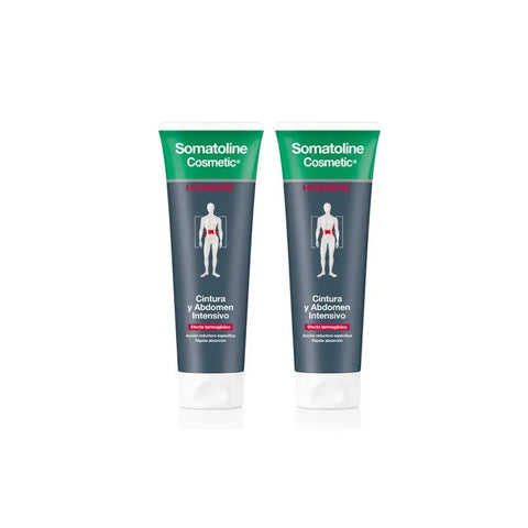 Somatoline Men Waist & Abdomen Intensive cream in two 250ml jars, designed for targeted slimming and firming.