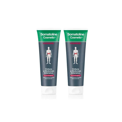 Somatoline Men Waist & Abdomen Intensive cream in two 250ml jars, designed for targeted slimming and firming.