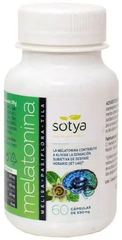 Sotya Melatonina Melisa Pasiflora Tila supplement bottle with 60 caps by Jag Couture London New York, featuring green and white label.