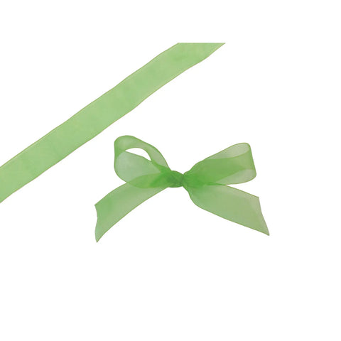 Spring green organza woven edge ribbon by Jag Couture London New York, showcasing delicate sheer fabric with elegant woven edges.