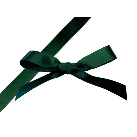 Spruce green single-faced satin ribbon by Jag Couture London New York, showing smooth, shiny fabric perfect for gift wrapping or crafts.
