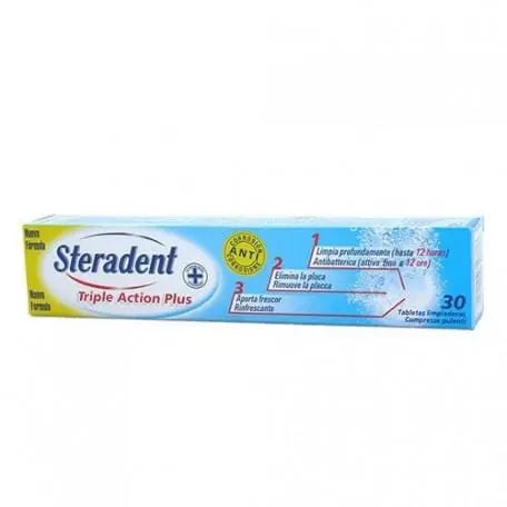 Steradent Triple Action Plus denture cleaning tablets in a box, by Jag Couture London New York.