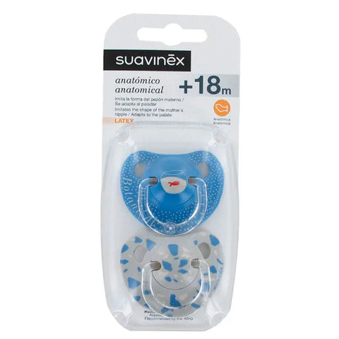 Set of two Suavinex anatomical soothers for babies over 18cm, with soft silicone nipples and colorful designs by Jag Couture London.