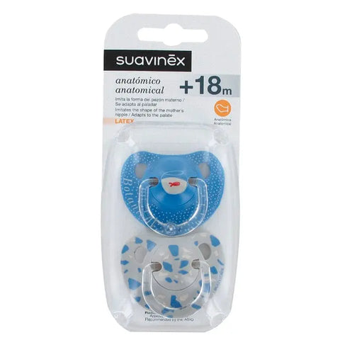 Two Suavinex anatomical soothers for babies over 18cm, with soft silicone nipples and colorful designs, by Jag Couture London New York.