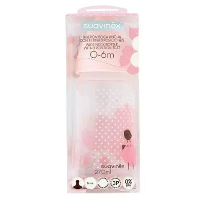 Suavinex 270ml pink wide-neck baby bottle with 3-position venting, designed for comfortable feeding.
