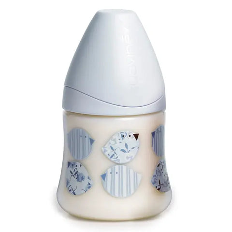 Suavinex wide-neck baby bottle with 3-position latex nipple, blue, 150ml, designed for comfortable feeding.