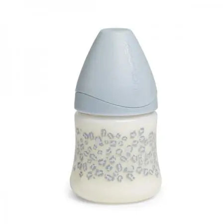 Suavinex baby bottle with three-position silicone nipple, 150ml, suitable for newborns, displayed with the bottle and nipple close-up.