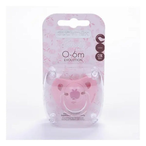 Suavinex Evolution pacifier with latex nipple for 0-6 months, featuring an anatomical design for comfort.