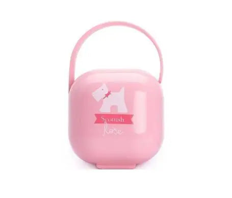 Pink Suavinex pacifier box by Jag Couture London New York, designed for storing baby pacifiers in a stylish container.