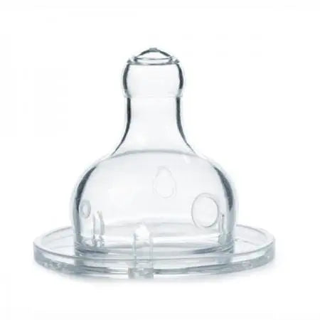 Two Suavinex silicone wide-mouth baby bottle teats with three flow positions, designed for easy feeding and comfort.
