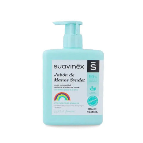 Suavinex syndet hand soap in a 500ml pump bottle with a clean, modern design, branded by Jag Couture London New York.