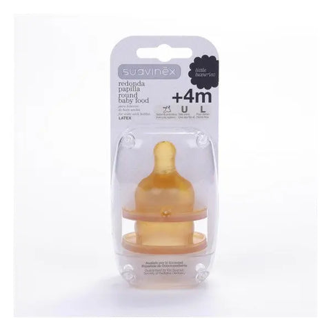 Suavinex rubber wide-mouth baby bottle nipple with papilla for 4 months, designed for easy feeding and comfort.