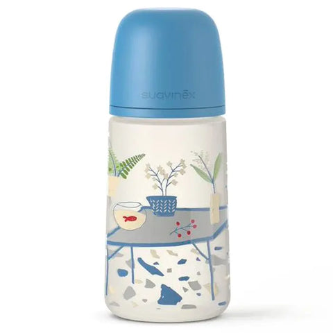 Suavinex wide neck baby bottle with anatomical T2 teat, 360ml, featuring a clear design and easy-grip shape.
