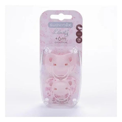 Suavinex™ vintage evolution baby pacifier with latex teat for 6 months in pink, featuring an ergonomic design for comfort.