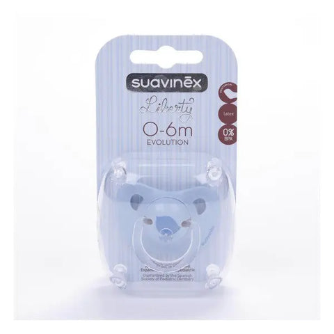 Blue Suavinex Evolution latex baby soother with anatomical shape, designed for comfort, displayed on a neutral background.