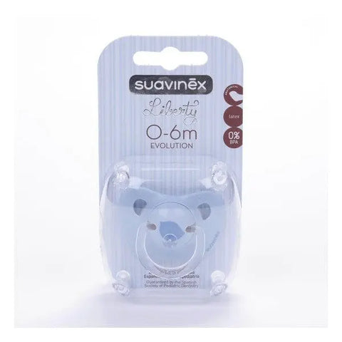 Blue Suavinex Evolution anatomical latex baby soother with shield and nipple, designed for comfort and safety.